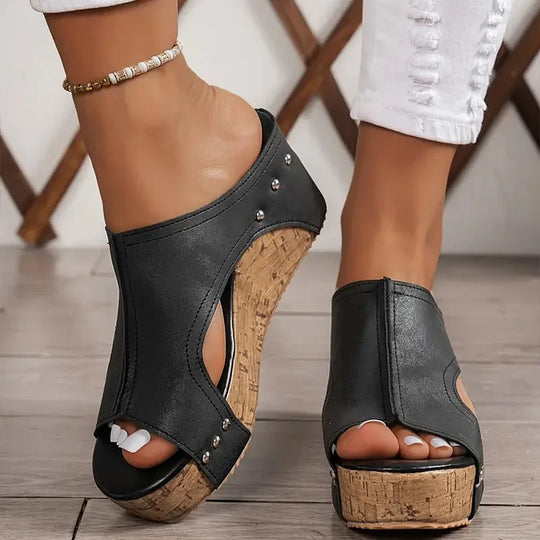 Nadia | Studded Peep Toe Cork Wedge Sandals