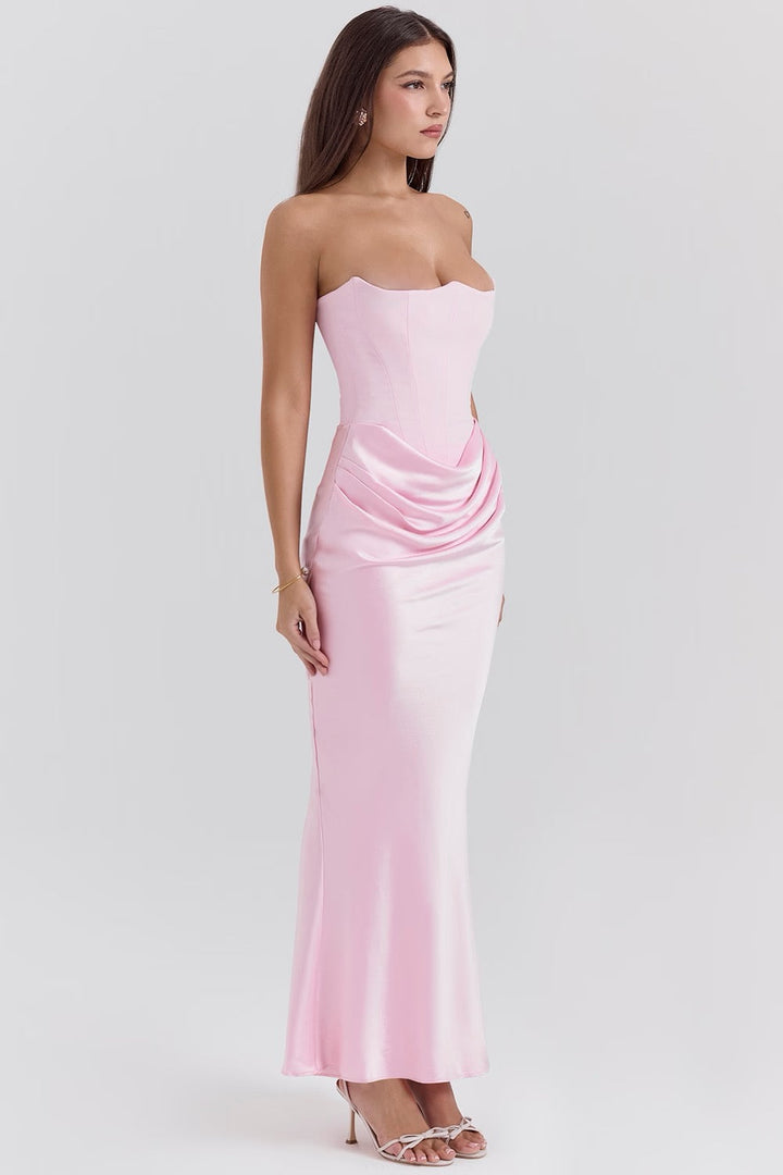 Emelia | Strapless Underwire Corset Draped Satin Maxi Fall Wedding Guest Dress