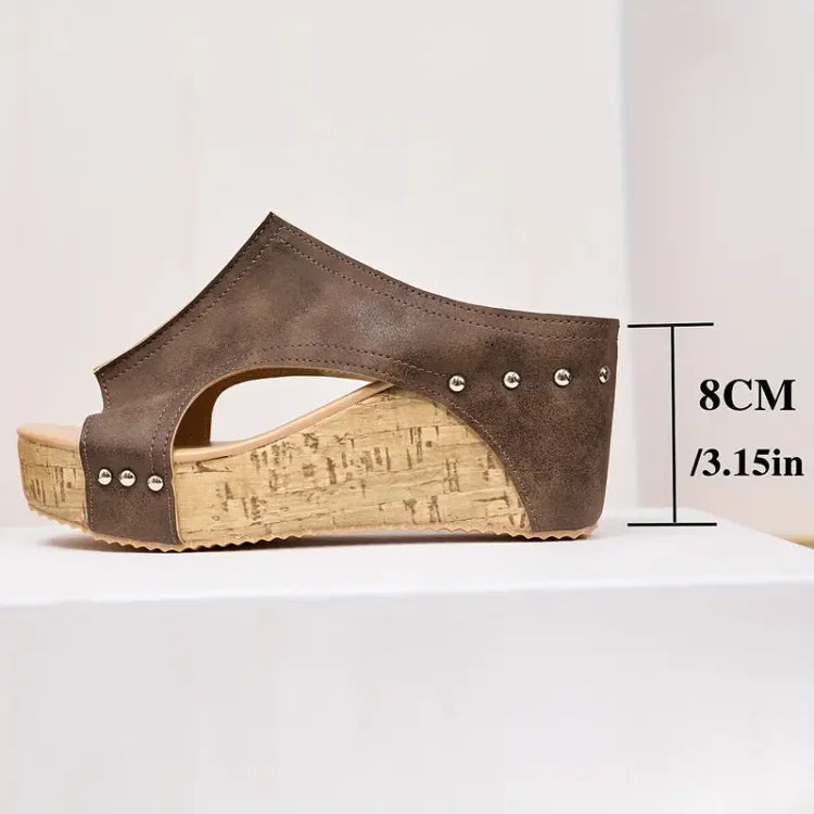 Nadia | Studded Peep Toe Cork Wedge Sandals