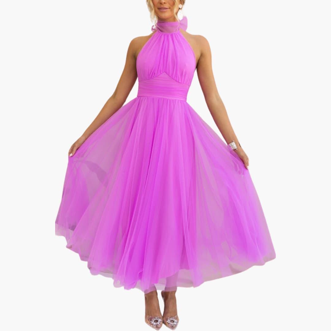 Celestine | Tulle Bow-Tie Halter Neck Maxi Dress with Full Skirt