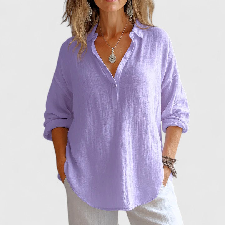 Marlowe | Collared V-Neck Linen Longline Tunic Blouse