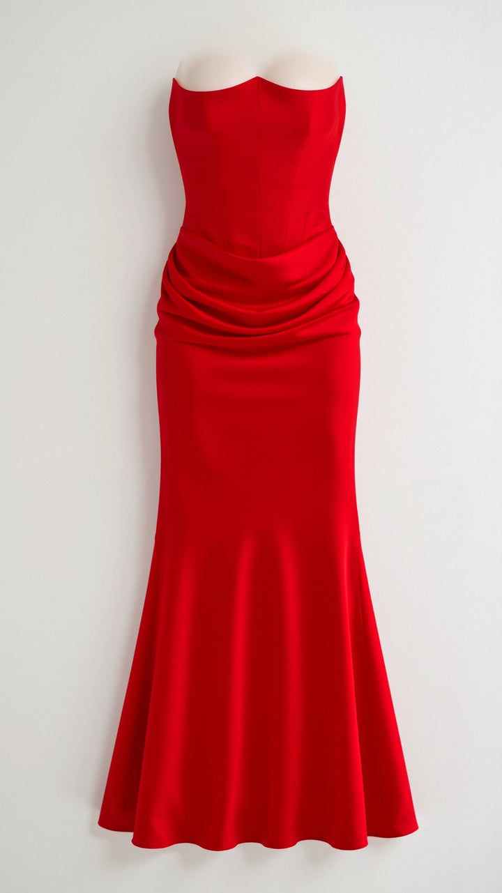 Adrienne | Strapless Corset Ruched Satin Maxi Formal Dress
