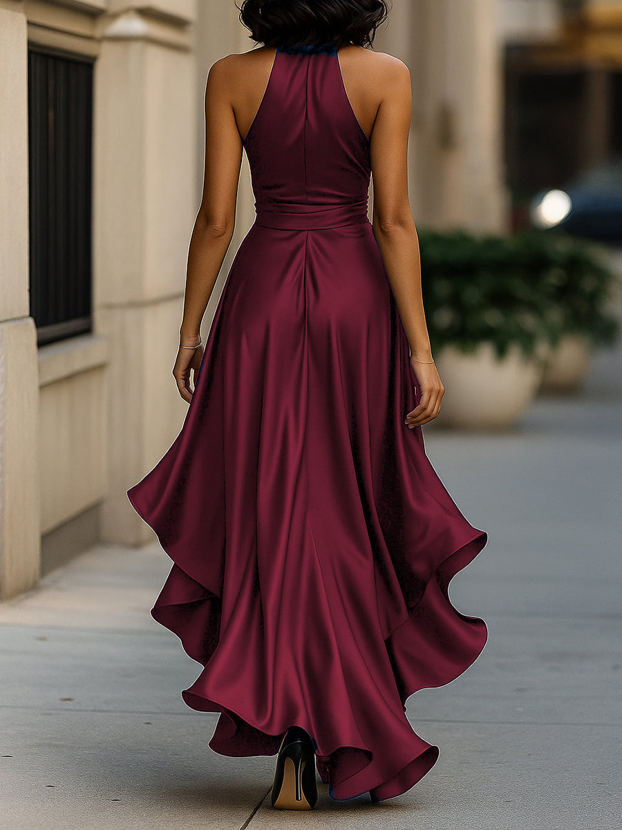 Navarre | Wrap V-Neck Bow Waist Ruffle Halter Neck Maxi Dress