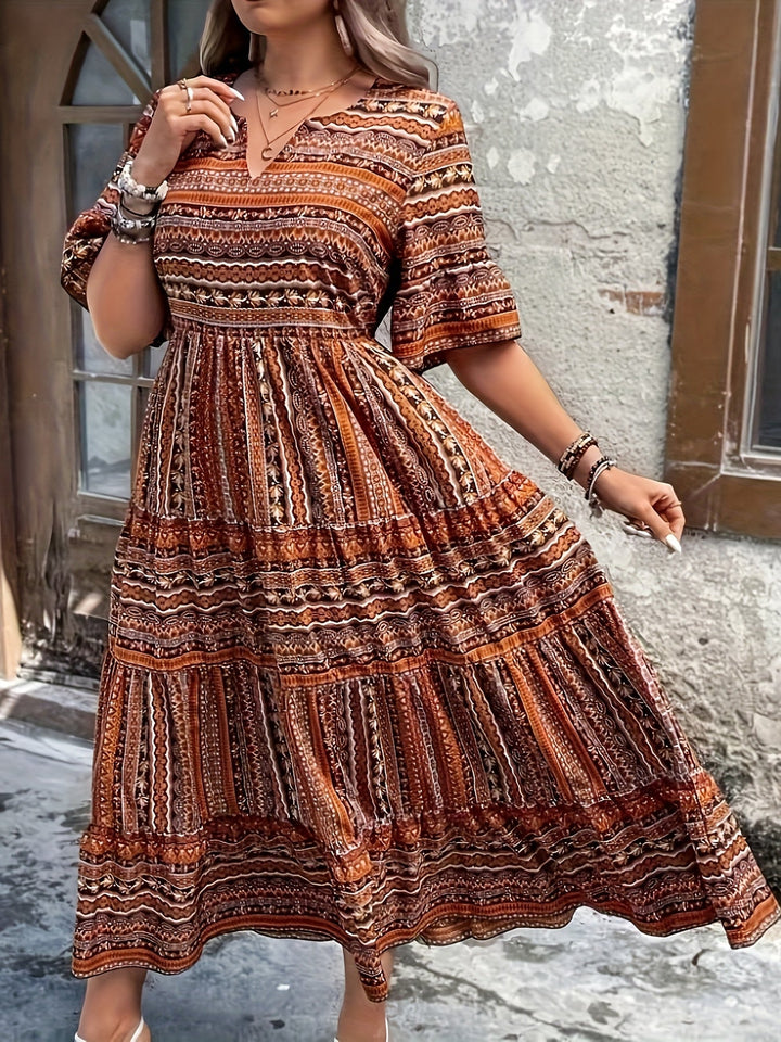 Calindra | Ethnic Stripe Print Smocked Tiered Boho Dress