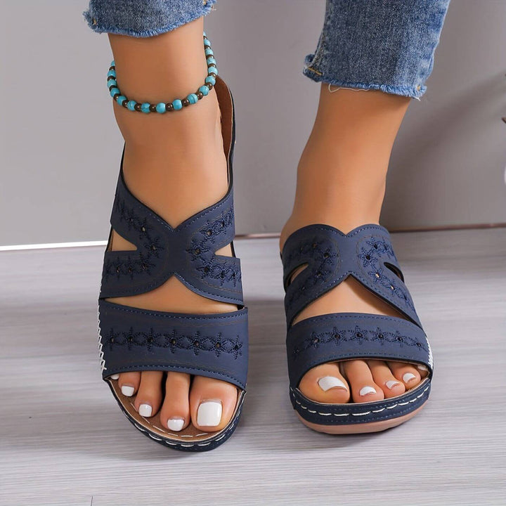 Willa | Embroidered Cut-Out Peep Toe Wedge Sandals