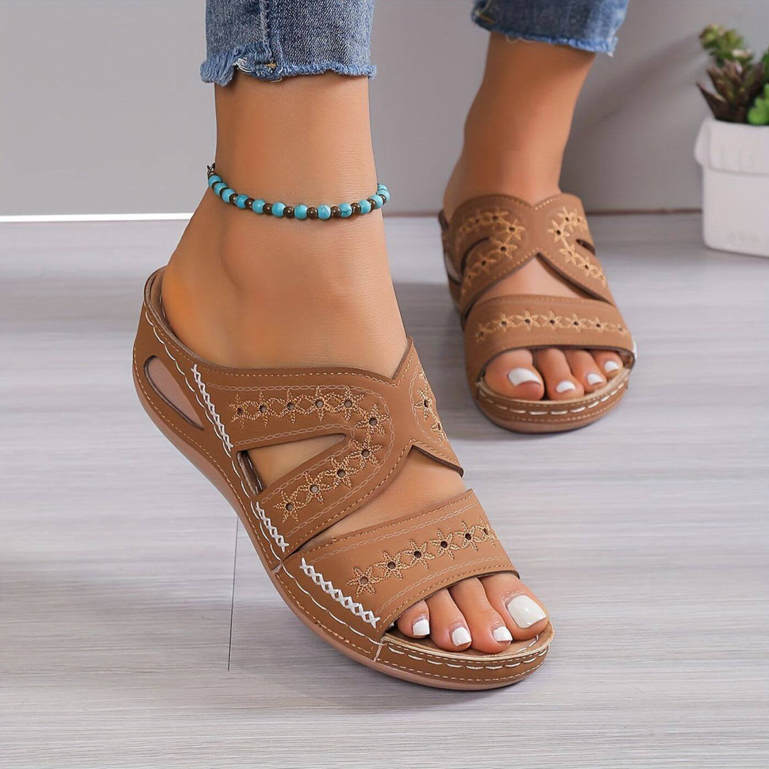 Willa | Embroidered Cut-Out Peep Toe Wedge Sandals