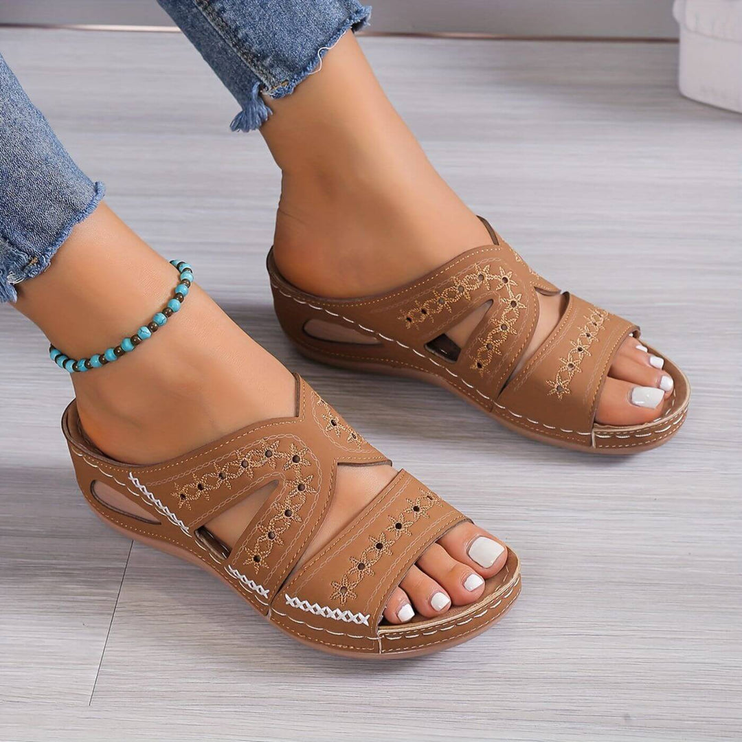 Willa | Embroidered Cut-Out Peep Toe Wedge Sandals