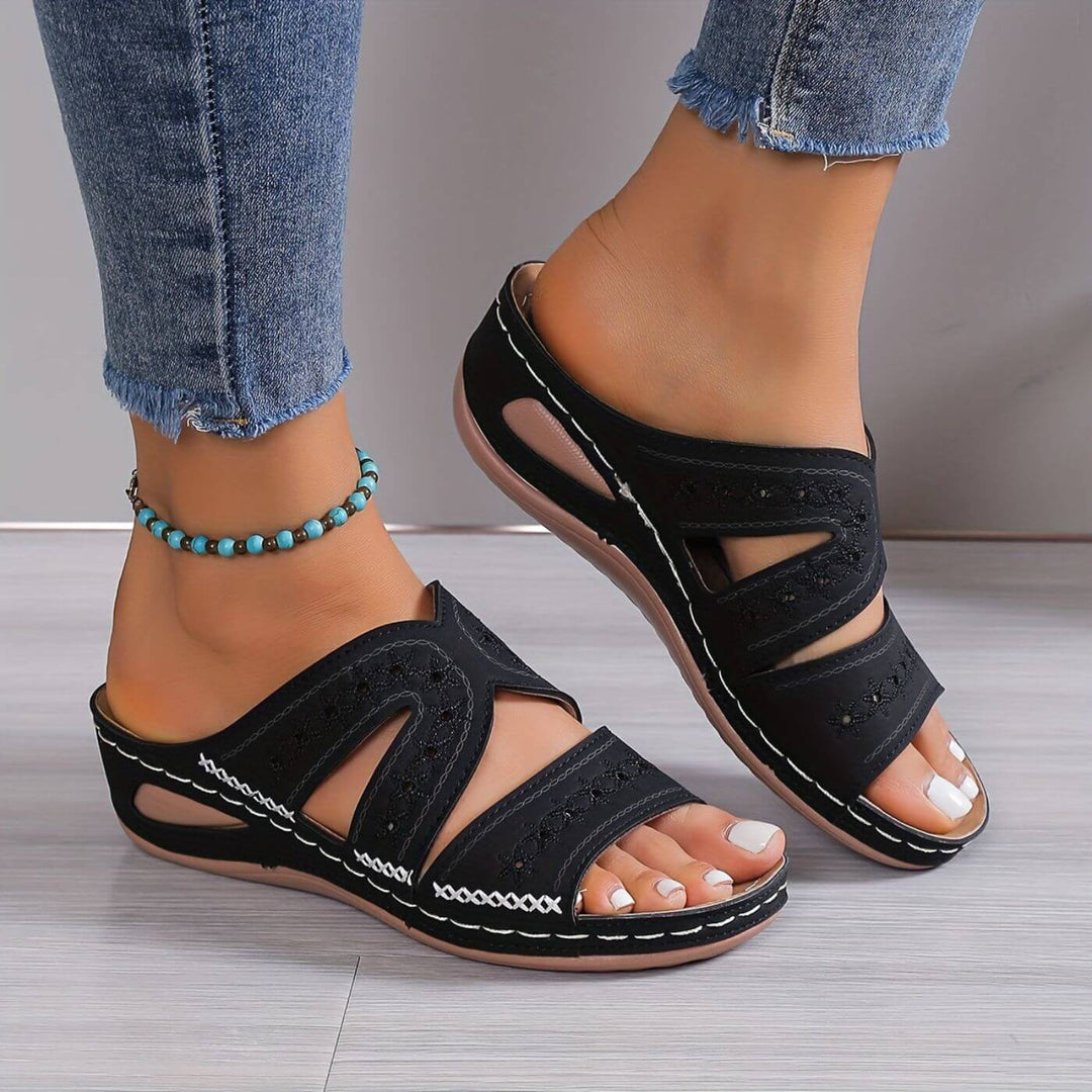 Willa | Embroidered Cut-Out Peep Toe Wedge Sandals