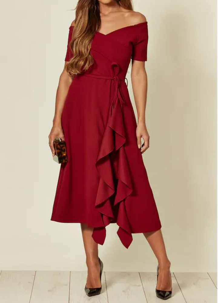 Rosalind | Ruffled One Shoulder Dress Midi with Tie Waist