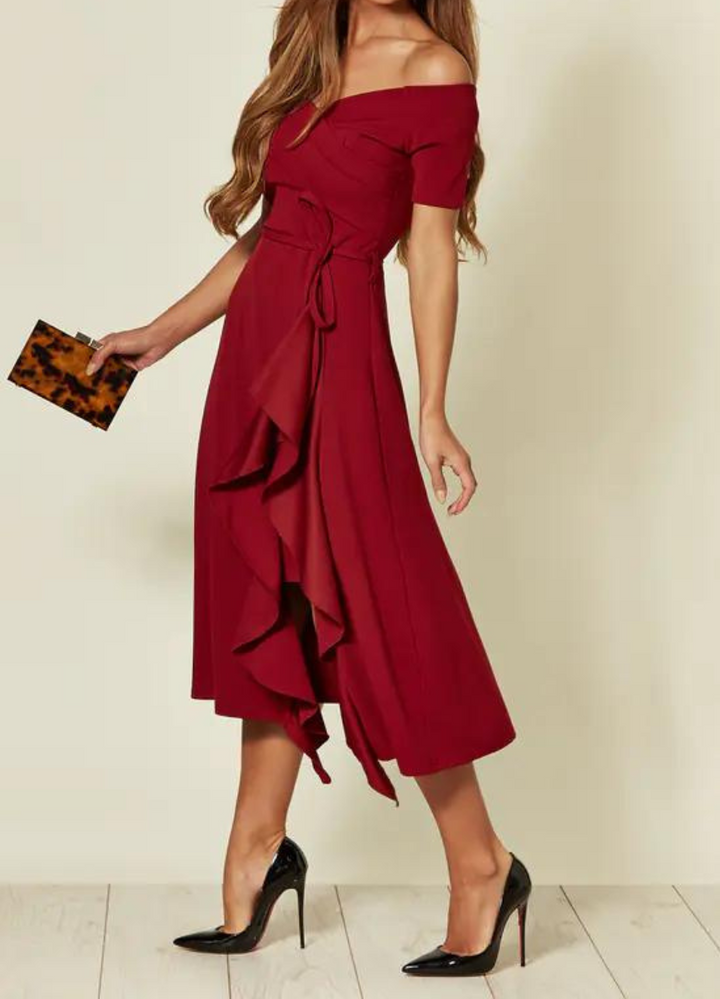 Rosalind | Ruffled One Shoulder Dress Midi with Tie Waist