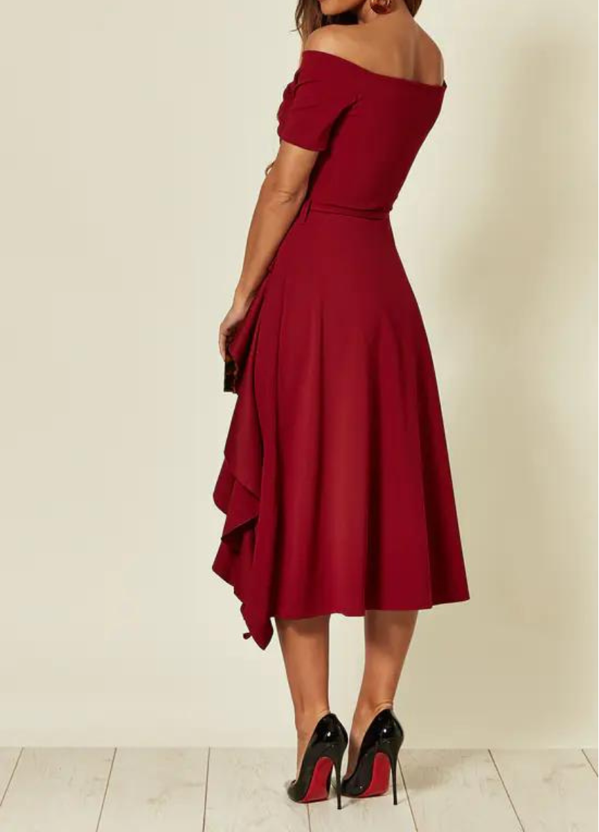 Rosalind | Ruffled One Shoulder Dress Midi with Tie Waist