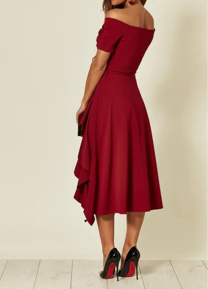 Rosalind | Ruffled One Shoulder Dress Midi with Tie Waist