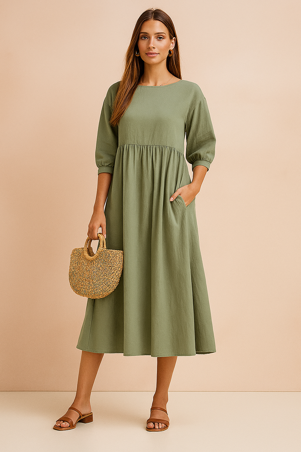 Amabel | Linen Smock Womens Pleated Midi Dress with Puff Sleeves