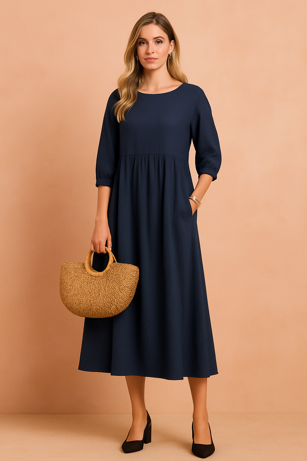 Amabel | Linen Smock Womens Pleated Midi Dress with Puff Sleeves
