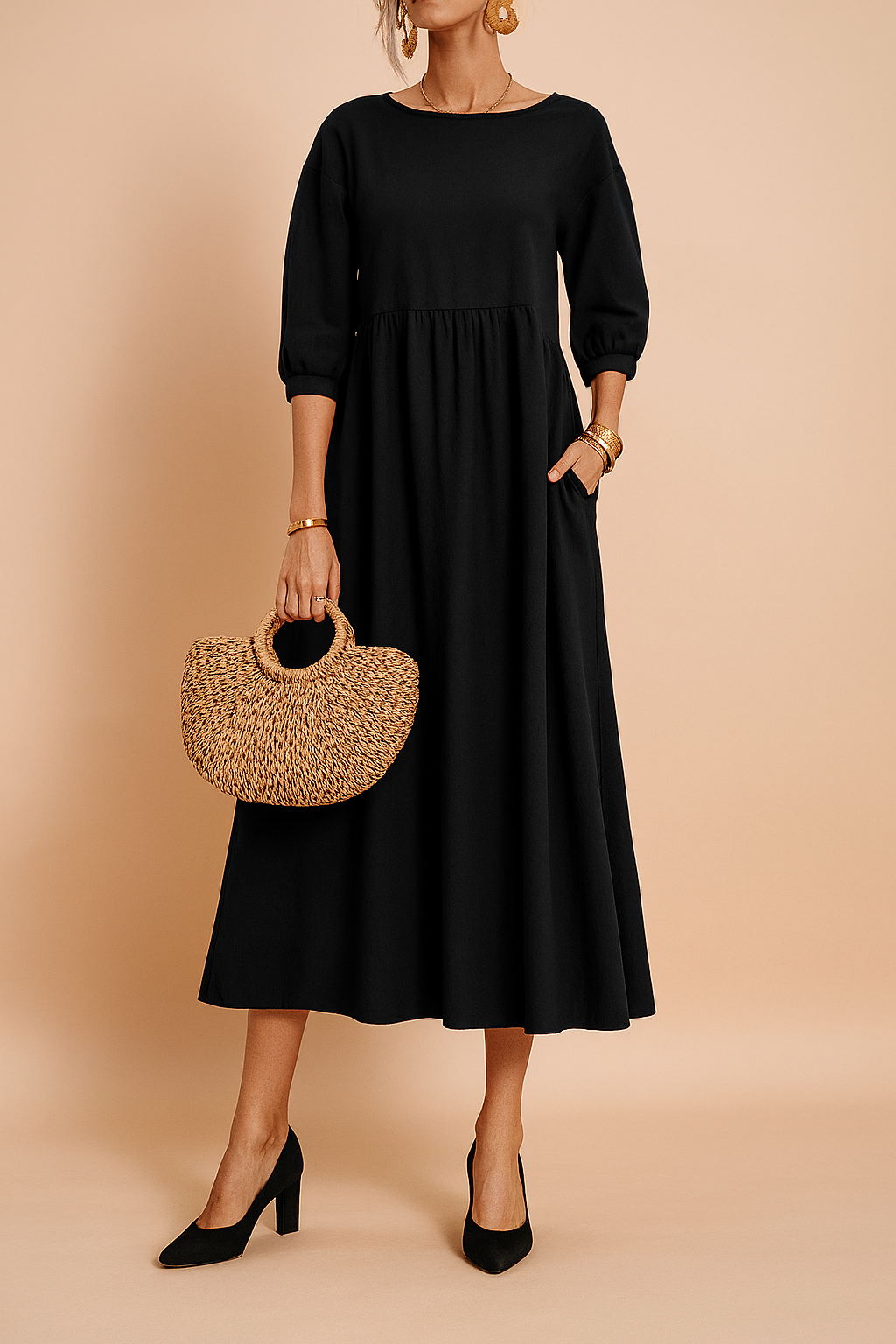 Amabel | Linen Smock Womens Pleated Midi Dress with Puff Sleeves