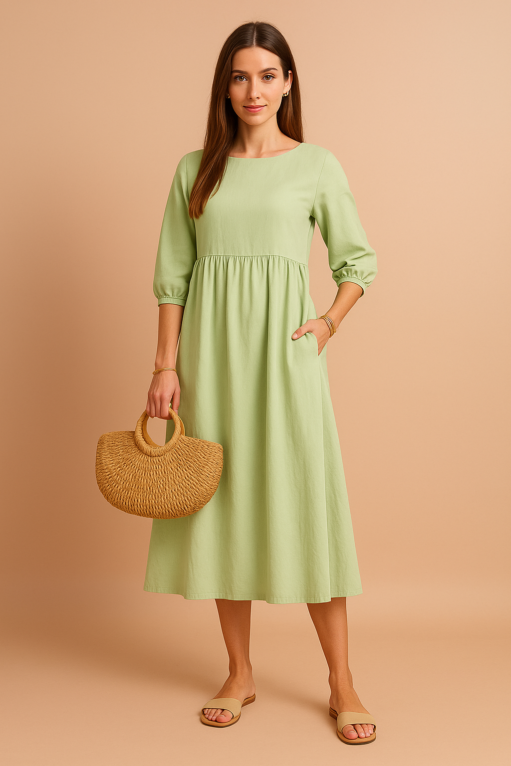 Amabel | Linen Smock Womens Pleated Midi Dress with Puff Sleeves