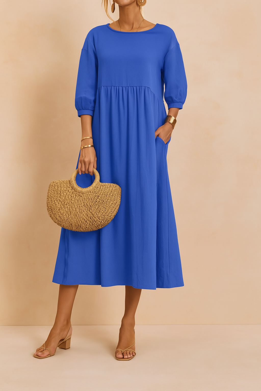 Amabel | Linen Smock Womens Pleated Midi Dress with Puff Sleeves