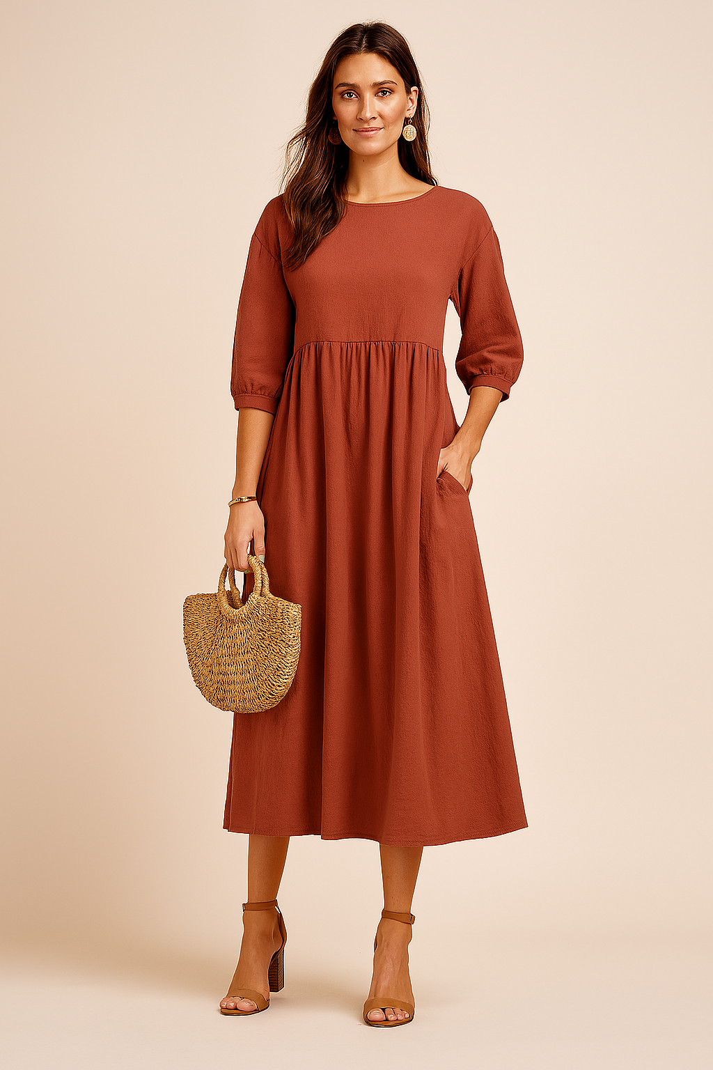 Amabel | Linen Smock Womens Pleated Midi Dress with Puff Sleeves