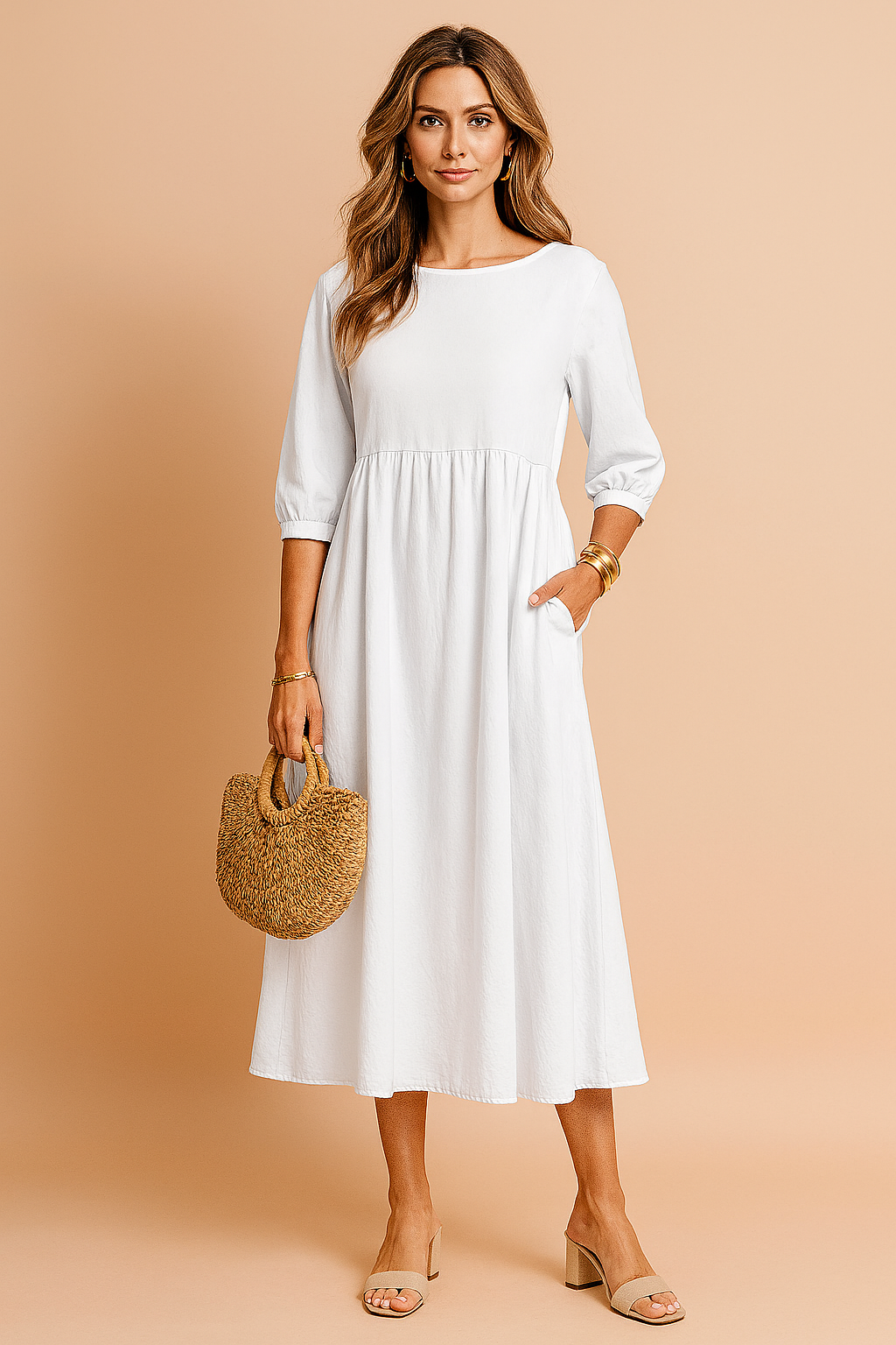 Amabel | Linen Smock Womens Pleated Midi Dress with Puff Sleeves