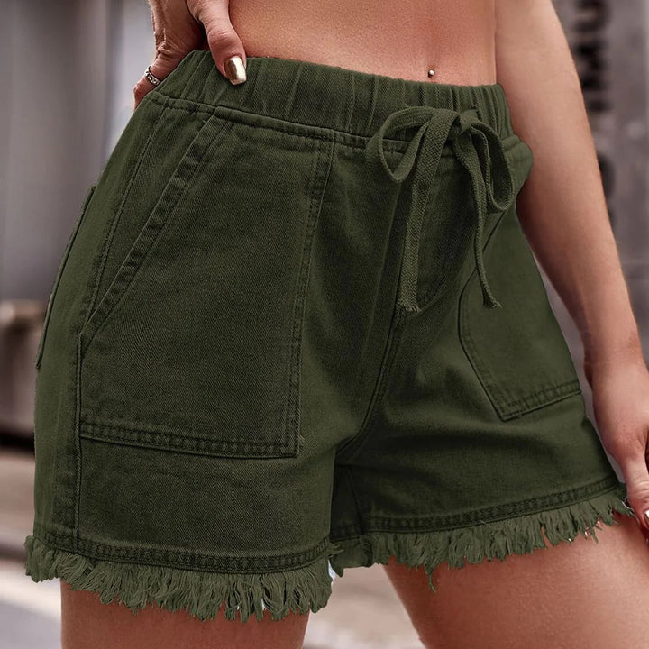 Fringe | Drawstring Frayed Hem Elasticated Waist Denim Shorts
