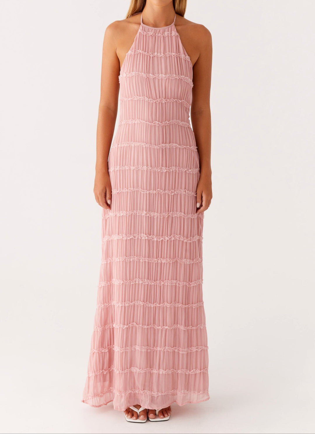 Evangeline | Tiered Lace Trim Halter Neck Maxi Dress with Open Back