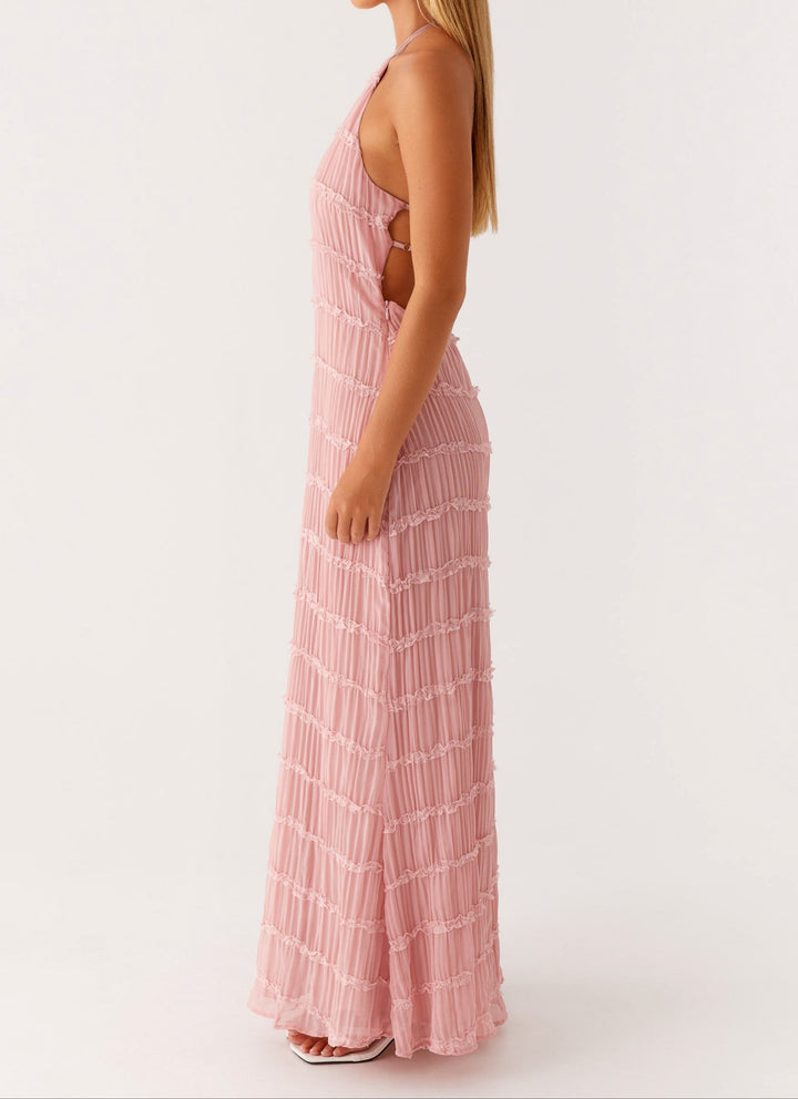 Evangeline | Tiered Lace Trim Halter Neck Maxi Dress with Open Back