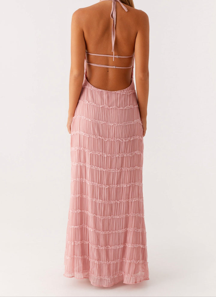 Evangeline | Tiered Lace Trim Halter Neck Maxi Dress with Open Back
