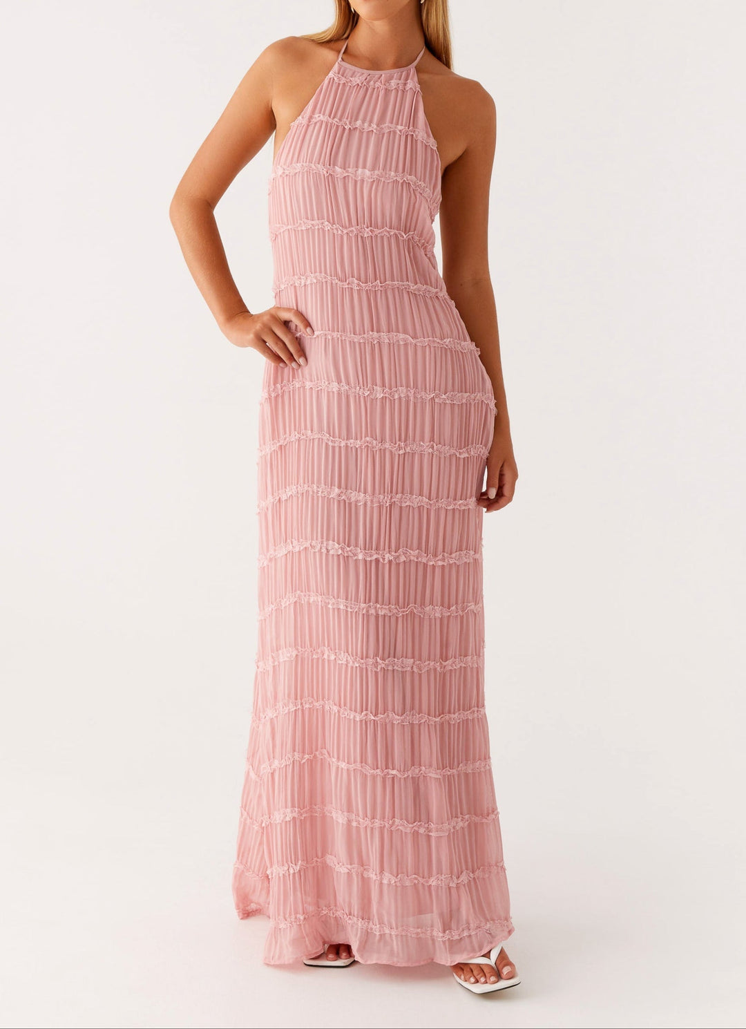 Evangeline | Tiered Lace Trim Halter Neck Maxi Dress with Open Back