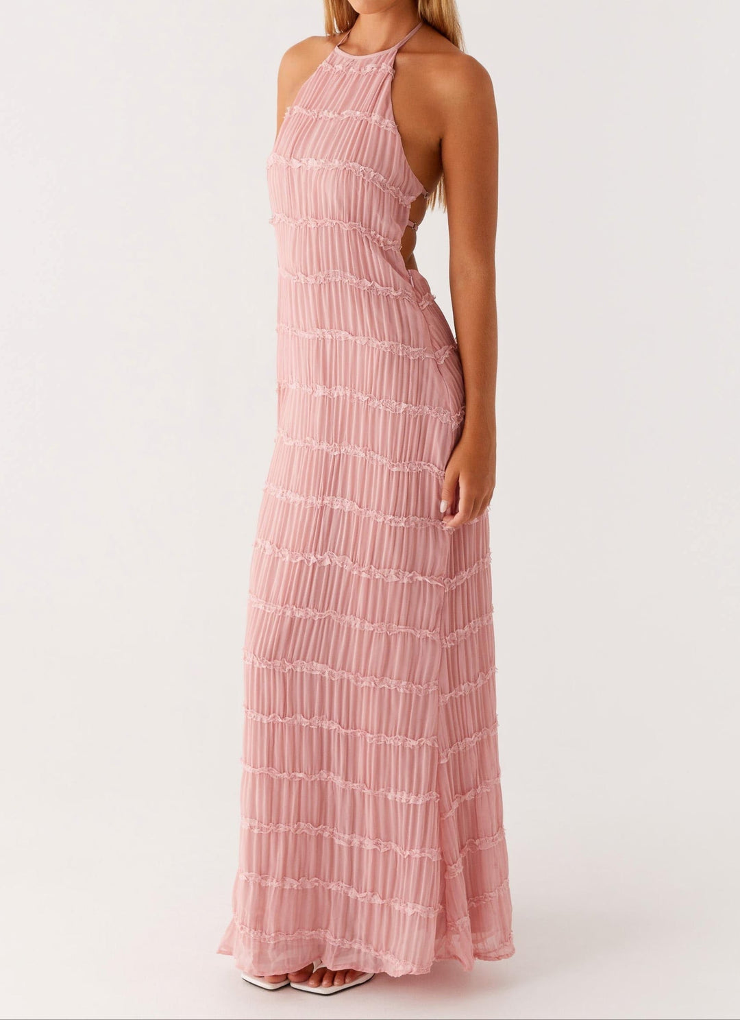 Evangeline | Tiered Lace Trim Halter Neck Maxi Dress with Open Back