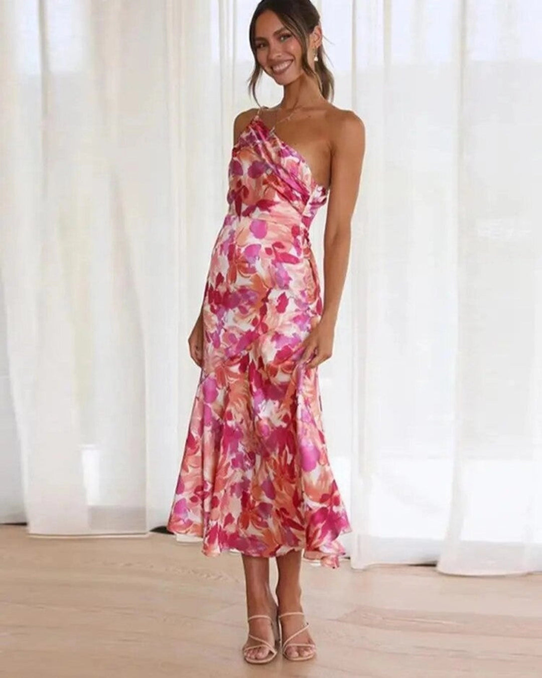 Solange | Floral One Shoulder Dress Ruched Midi