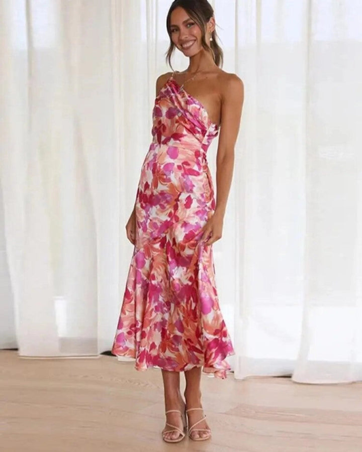 Solange | Floral One Shoulder Dress Ruched Midi