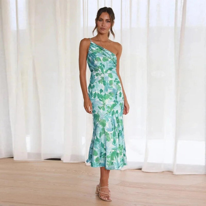 Solange | Floral One Shoulder Dress Ruched Midi