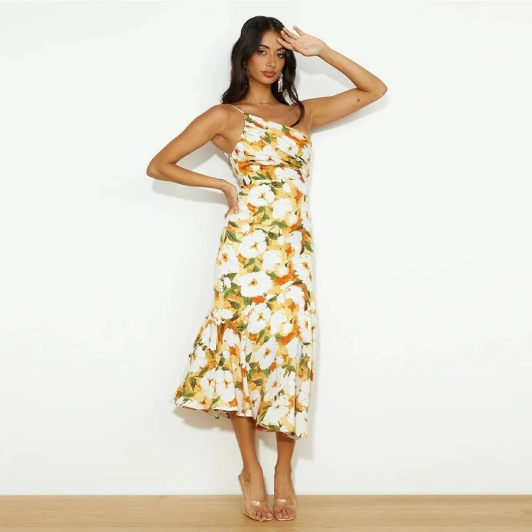 Solange | Floral One Shoulder Dress Ruched Midi