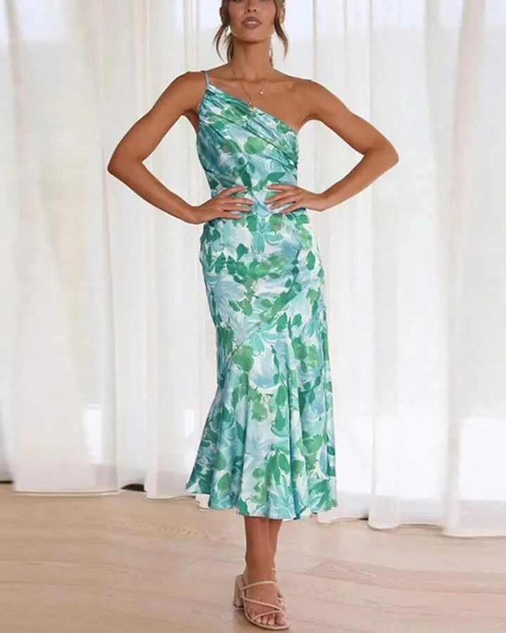 Solange | Floral One Shoulder Dress Ruched Midi