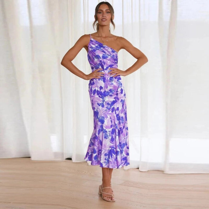 Solange | Floral One Shoulder Dress Ruched Midi