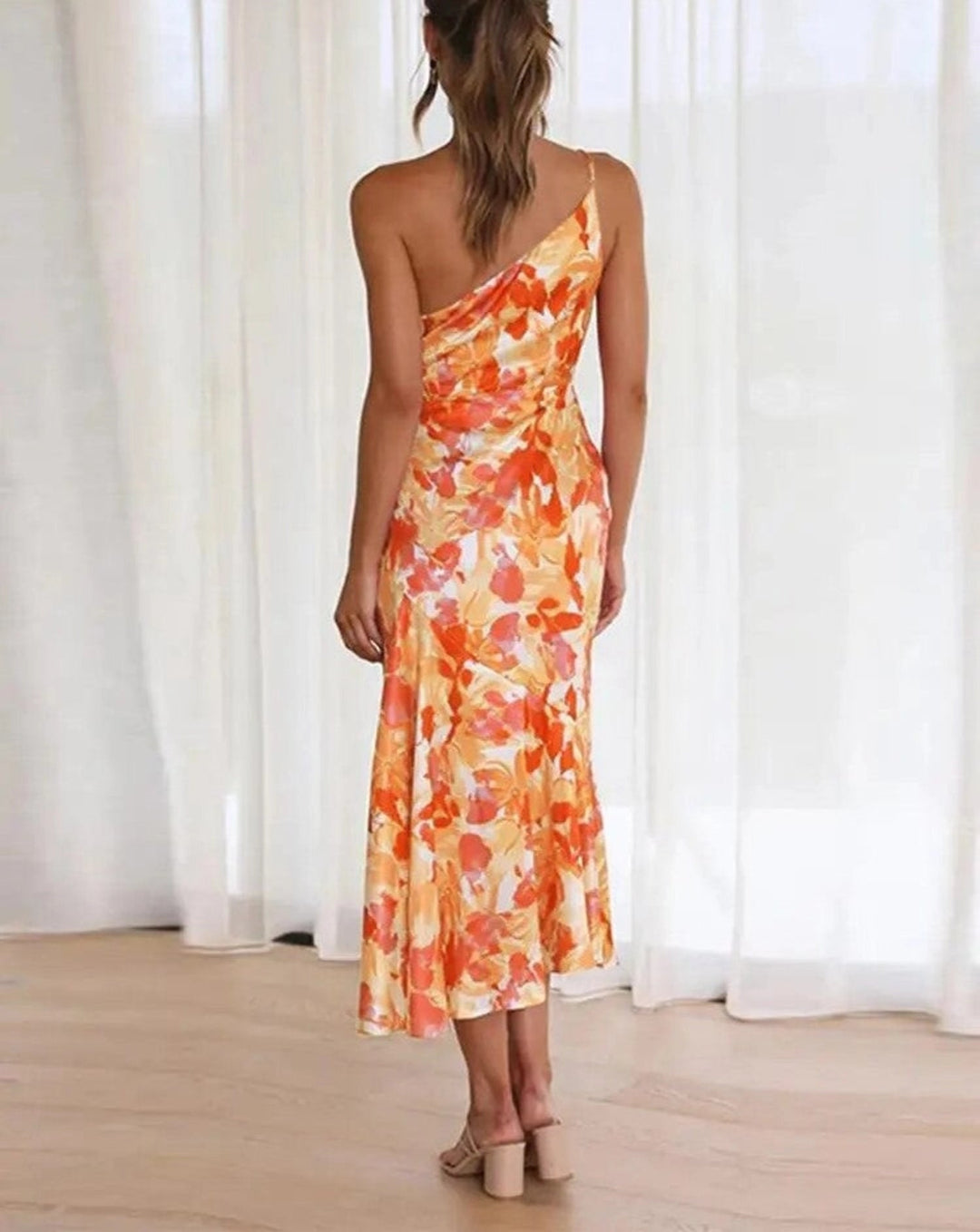 Solange | Floral One Shoulder Dress Ruched Midi