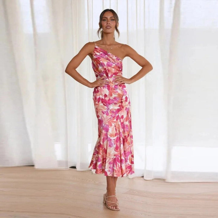Solange | Floral One Shoulder Dress Ruched Midi