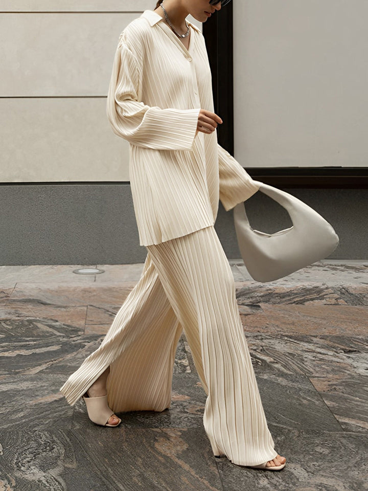Ivory | Ribbed Matching Set – Women's Oversized Shirt & Wide Leg Pants