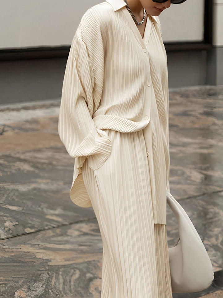 Ivory | Ribbed Matching Set – Women's Oversized Shirt & Wide Leg Pants