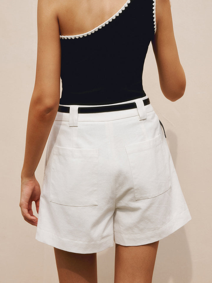 Linen | Pleated Belted Tailored High Waisted Womens Shorts