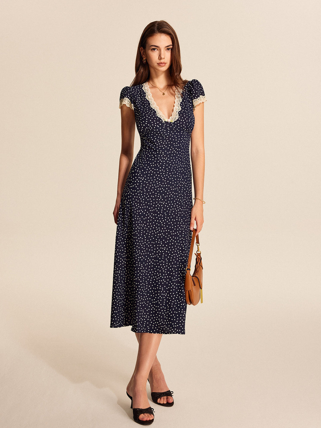 Parisienne | Polka Dot Lace Trim Ruffle Hem Midi Dress