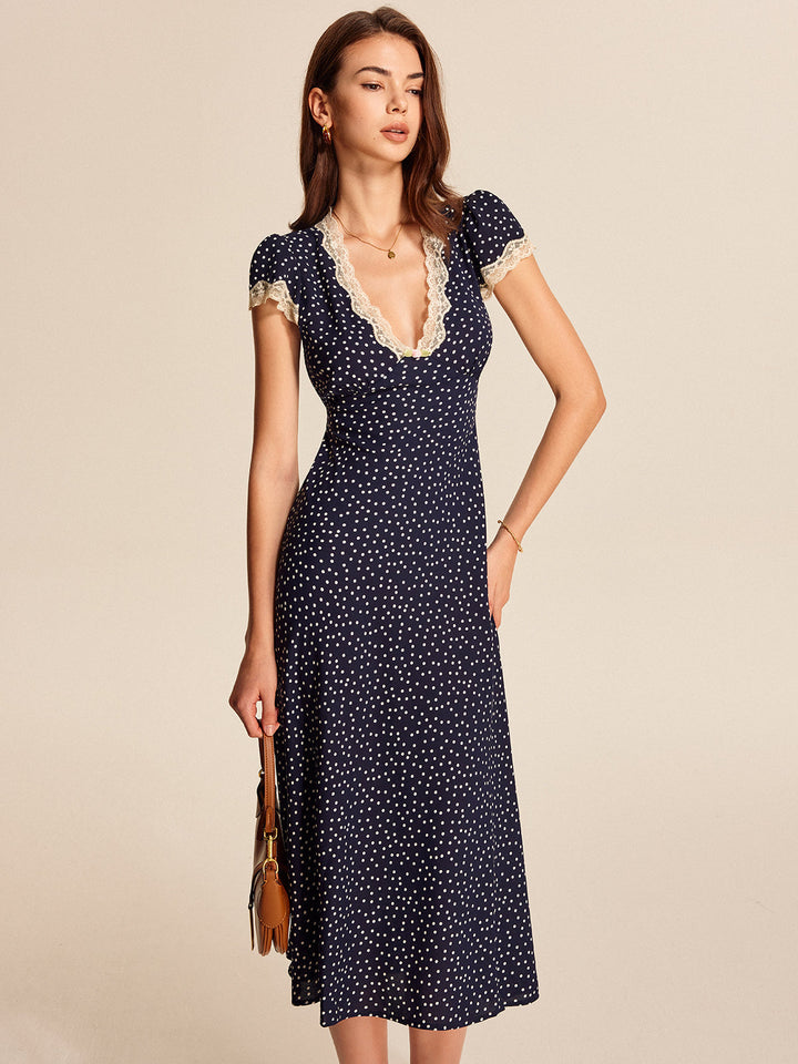 Parisienne | Polka Dot Lace Trim Ruffle Hem Midi Dress