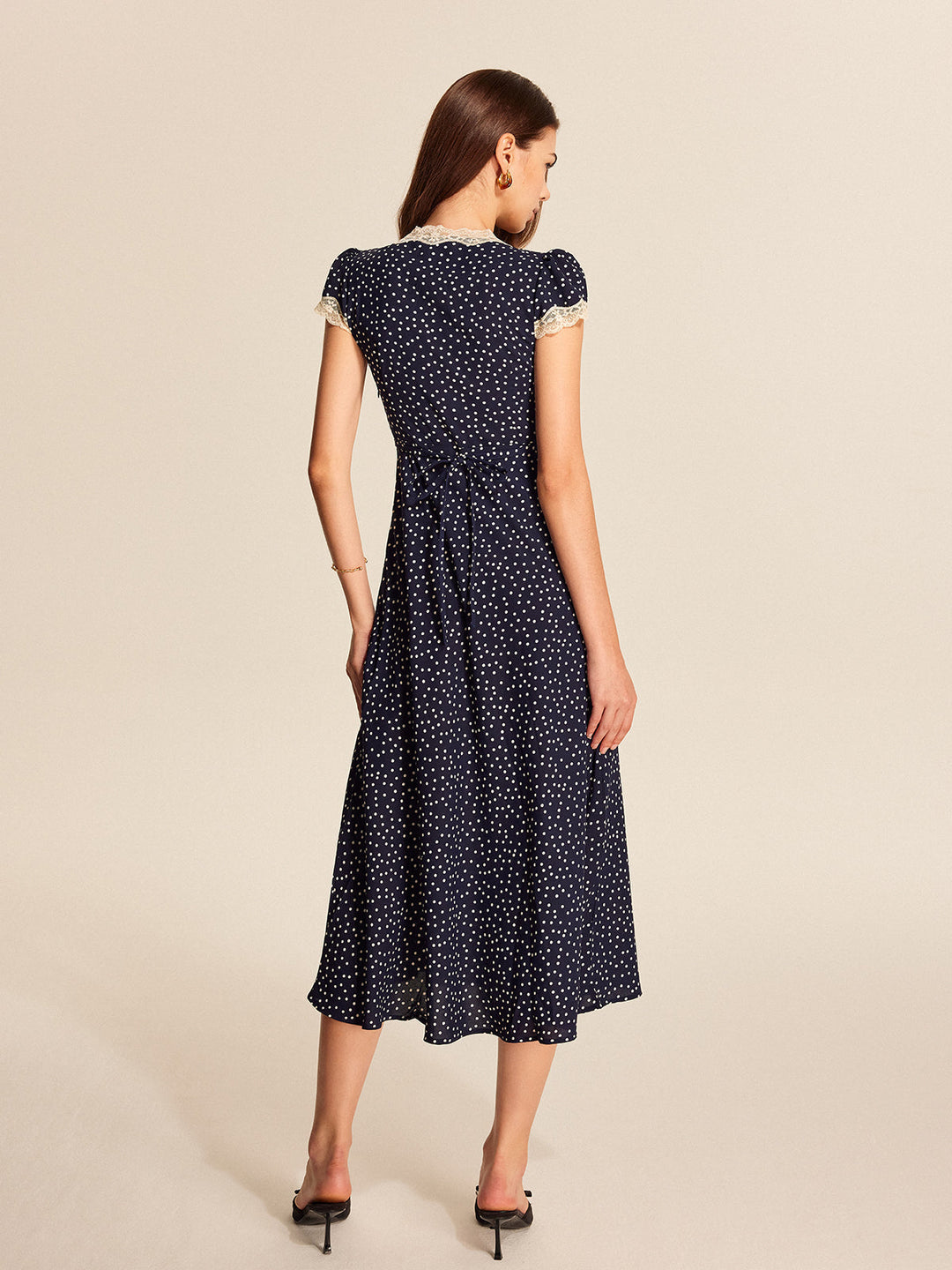 Parisienne | Polka Dot Lace Trim Ruffle Hem Midi Dress