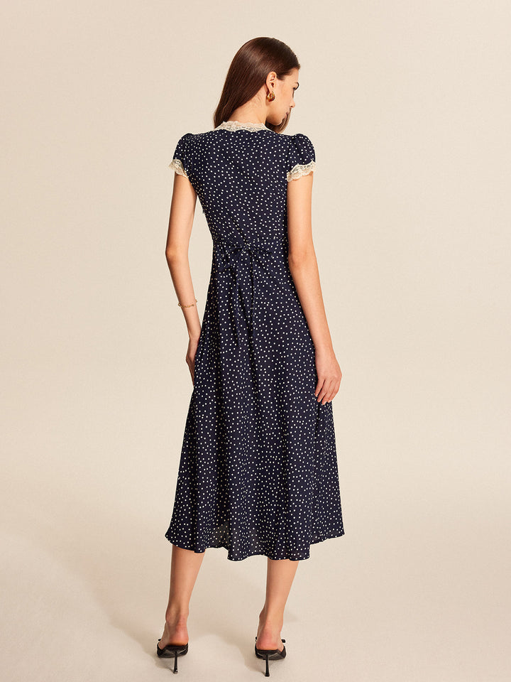 Parisienne | Polka Dot Lace Trim Ruffle Hem Midi Dress