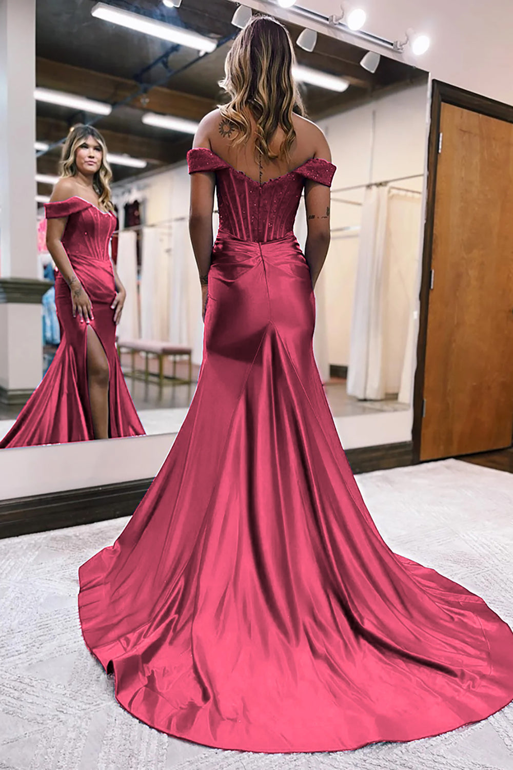 Reina | Off Shoulder Corset Mermaid Slit Wedding Guest Dress