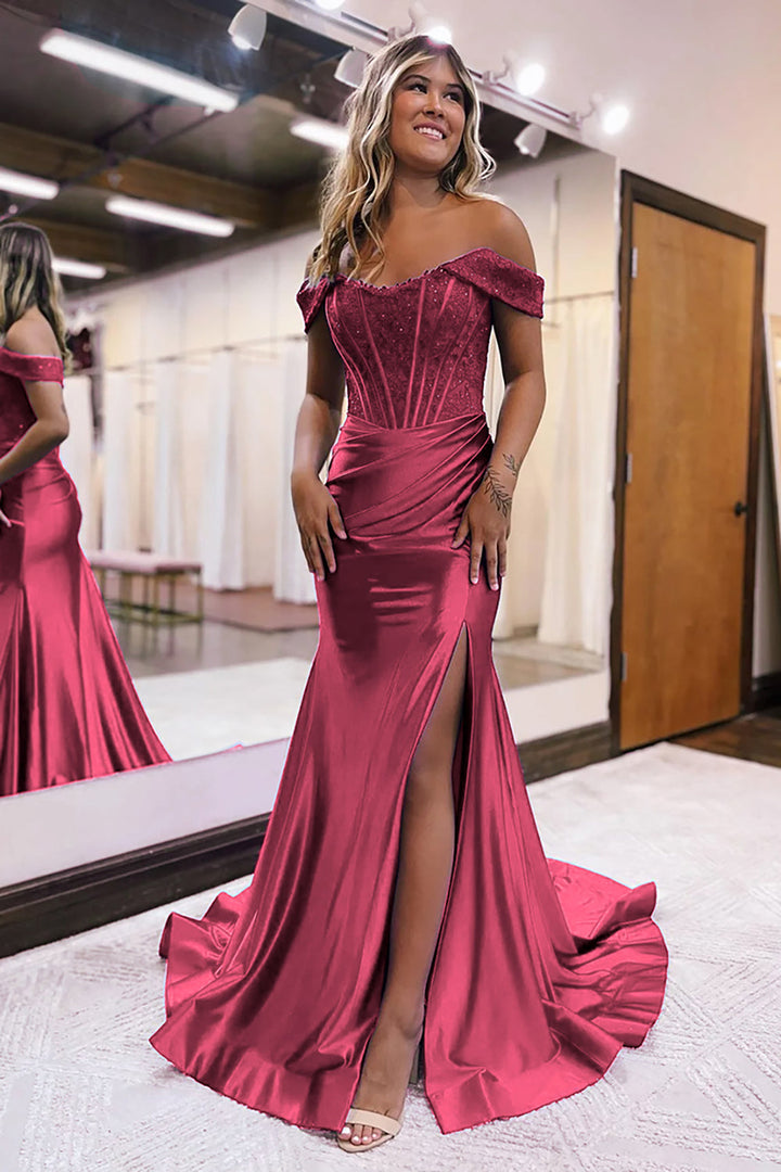 Reina | Off Shoulder Corset Mermaid Slit Wedding Guest Dress