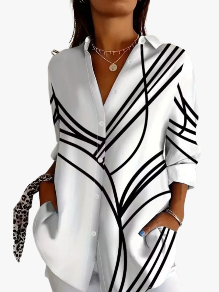 Moreau | Abstract Line Print Button-Down Tunic Blouse