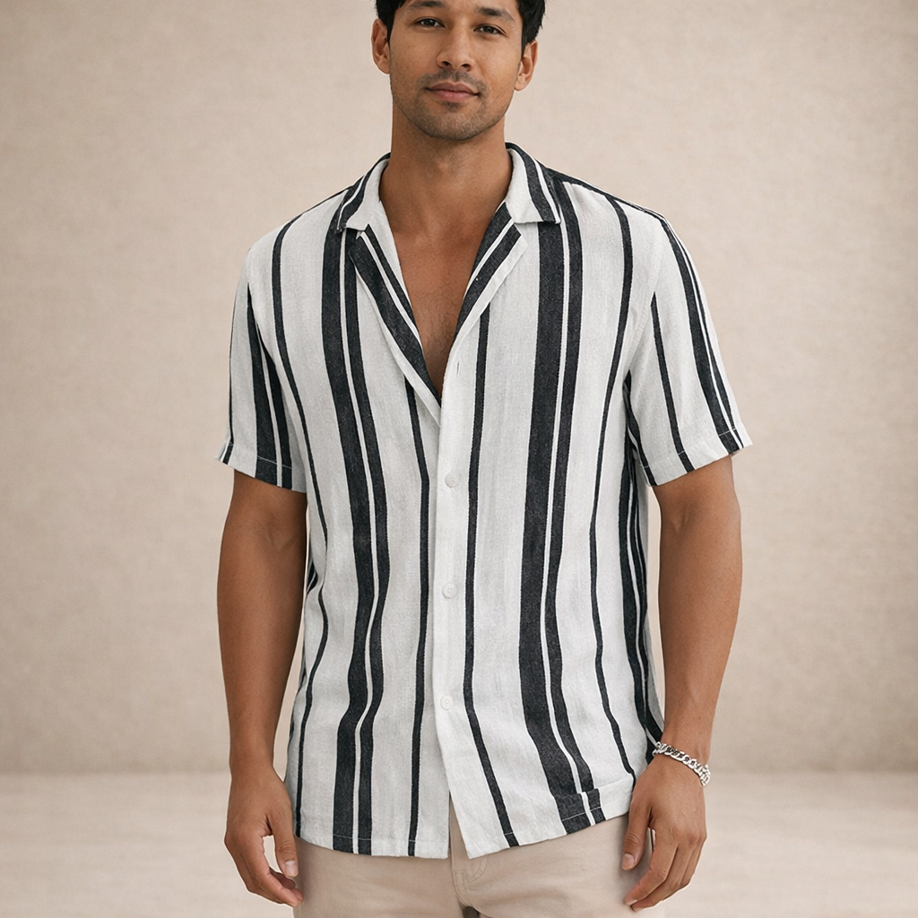 Basser | Men's Striped Linen Camp Collar Shirt