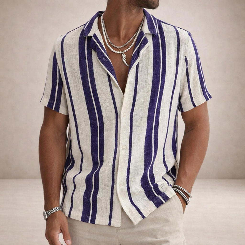 Basser | Men's Striped Linen Camp Collar Shirt
