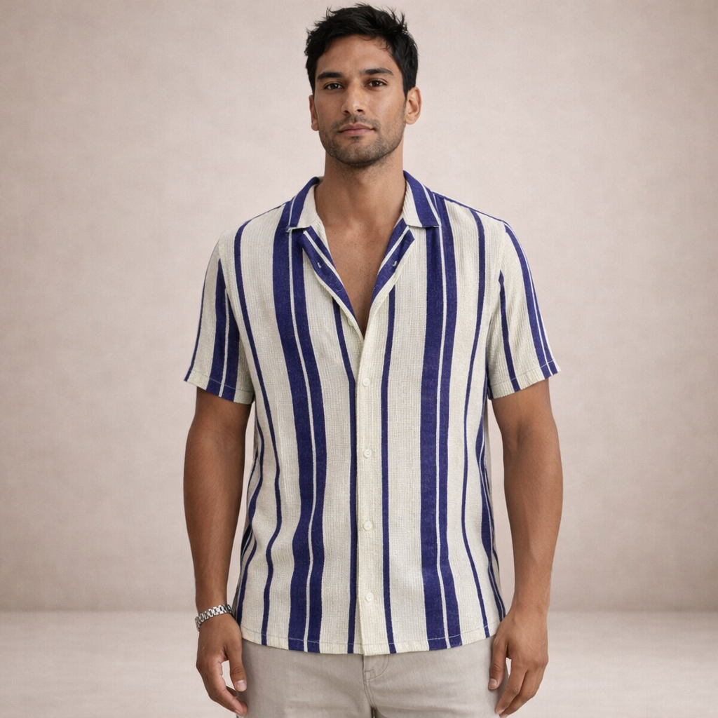 Basser | Men's Striped Linen Camp Collar Shirt